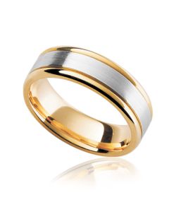 Atlas mens two tone wedding band with white gold matt centre and polished yellow gold rails