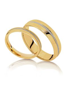Matching yellow gold wedding bands with a white gold pattern in centre