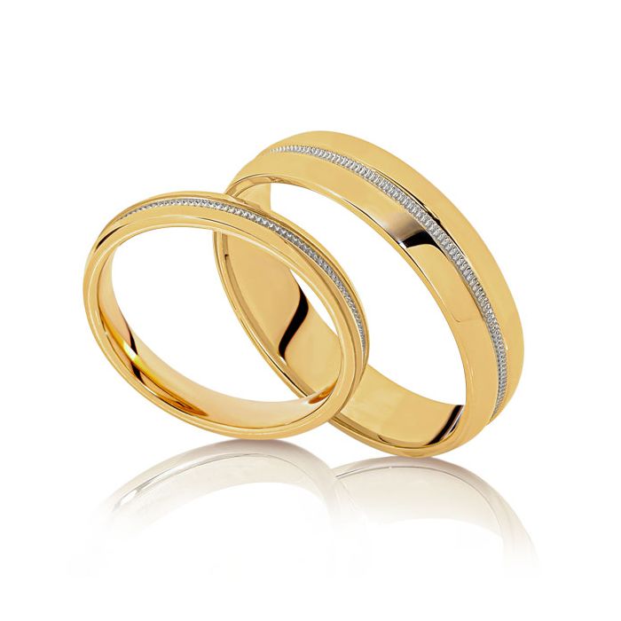 Two tone patterned wedding bands for him and her